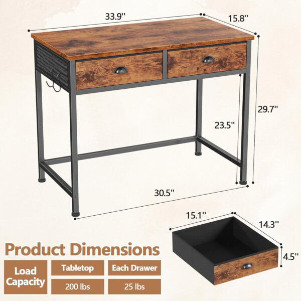 Furologee White Small Computer Desk with 2 Fabric Drawers for Bedroom,34 Inch Simple Home Office Writing Desk, Vanity Desk with Hooks, Study Table for Adults Student Small Spaces