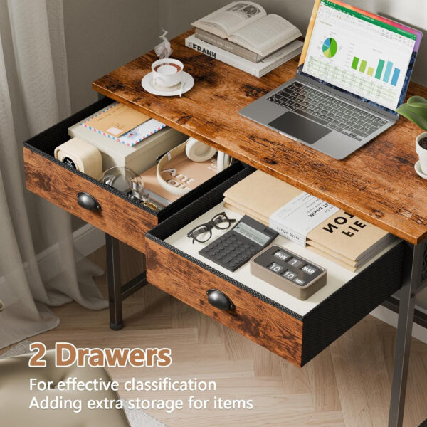 Furologee White Small Computer Desk with 2 Fabric Drawers for Bedroom,34 Inch Simple Home Office Writing Desk, Vanity Desk with Hooks, Study Table for Adults Student Small Spaces