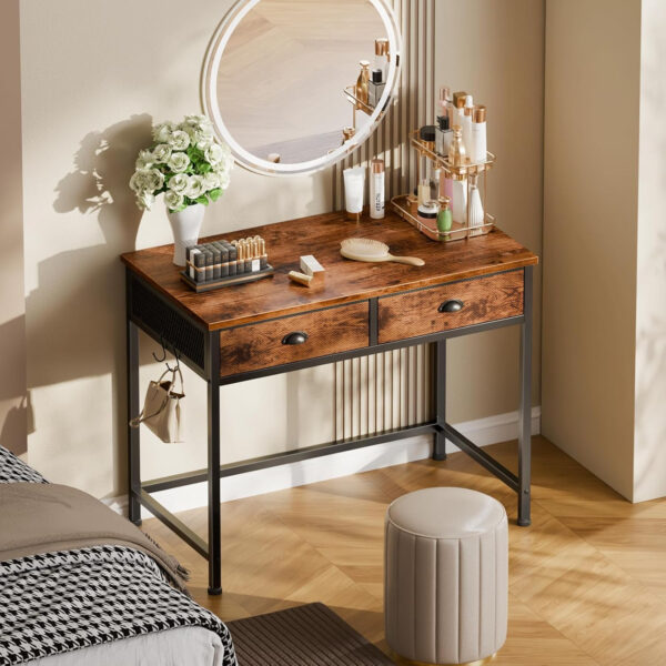 Furologee White Small Computer Desk with 2 Fabric Drawers for Bedroom,34 Inch Simple Home Office Writing Desk, Vanity Desk with Hooks, Study Table for Adults Student Small Spaces