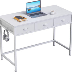 Furologee White Small Computer Desk with 2 Fabric Drawers for Bedroom,34 Inch Simple Home Office Writing Desk, Vanity Desk with Hooks, Study Table for Adults Student Small Spaces
