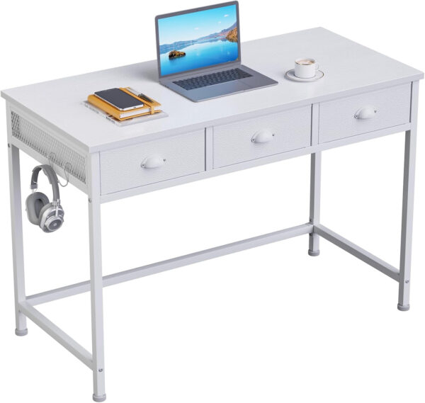 Furologee White Small Computer Desk with 2 Fabric Drawers for Bedroom,34 Inch Simple Home Office Writing Desk, Vanity Desk with Hooks, Study Table for Adults Student Small Spaces