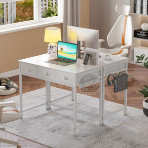 Furologee White Small Computer Desk with 2 Fabric Drawers for Bedroom,34 Inch Simple Home Office Writing Desk, Vanity Desk with Hooks, Study Table for Adults Student Small Spaces