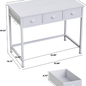Furologee White Small Computer Desk with 2 Fabric Drawers for Bedroom,34 Inch Simple Home Office Writing Desk, Vanity Desk with Hooks, Study Table for Adults Student Small Spaces