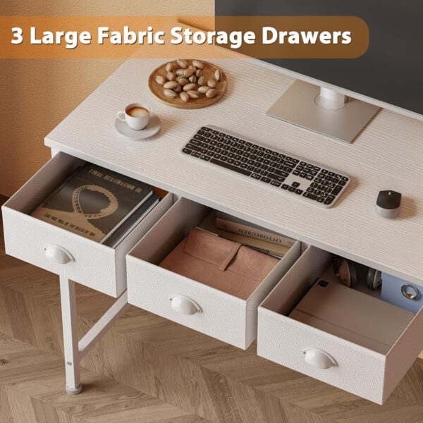 Furologee White Small Computer Desk with 2 Fabric Drawers for Bedroom,34 Inch Simple Home Office Writing Desk, Vanity Desk with Hooks, Study Table for Adults Student Small Spaces