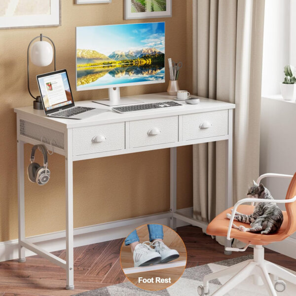 Furologee White Small Computer Desk with 2 Fabric Drawers for Bedroom,34 Inch Simple Home Office Writing Desk, Vanity Desk with Hooks, Study Table for Adults Student Small Spaces