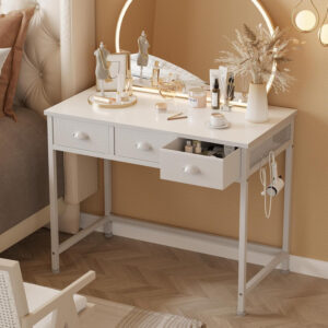 Furologee White Small Computer Desk with 2 Fabric Drawers for Bedroom,34 Inch Simple Home Office Writing Desk, Vanity Desk with Hooks, Study Table for Adults Student Small Spaces