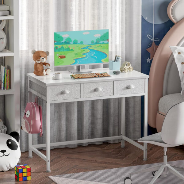 Furologee White Small Computer Desk with 2 Fabric Drawers for Bedroom,34 Inch Simple Home Office Writing Desk, Vanity Desk with Hooks, Study Table for Adults Student Small Spaces