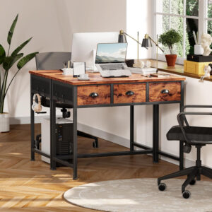 Furologee White Small Computer Desk with 2 Fabric Drawers for Bedroom,34 Inch Simple Home Office Writing Desk, Vanity Desk with Hooks, Study Table for Adults Student Small Spaces