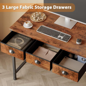 Furologee White Small Computer Desk with 2 Fabric Drawers for Bedroom,34 Inch Simple Home Office Writing Desk, Vanity Desk with Hooks, Study Table for Adults Student Small Spaces