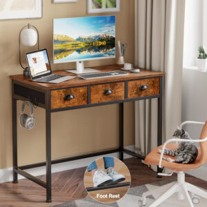 Furologee White Small Computer Desk with 2 Fabric Drawers for Bedroom,34 Inch Simple Home Office Writing Desk, Vanity Desk with Hooks, Study Table for Adults Student Small Spaces