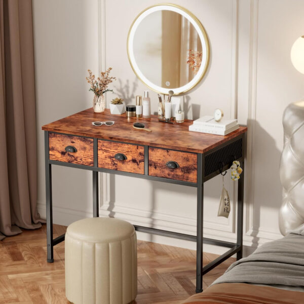 Furologee White Small Computer Desk with 2 Fabric Drawers for Bedroom,34 Inch Simple Home Office Writing Desk, Vanity Desk with Hooks, Study Table for Adults Student Small Spaces