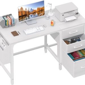 Lufeiya White Desk with Fabric File Drawers Cabinet, 47 Inch Reversible Computer Desk with Filing Cabinet for Bedroom Small Space Home Office, Modern Writing Table PC Desks, White