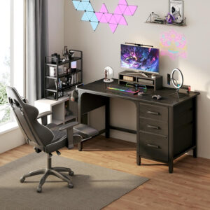 Lufeiya White Desk with Fabric File Drawers Cabinet, 47 Inch Reversible Computer Desk with Filing Cabinet for Bedroom Small Space Home Office, Modern Writing Table PC Desks, White