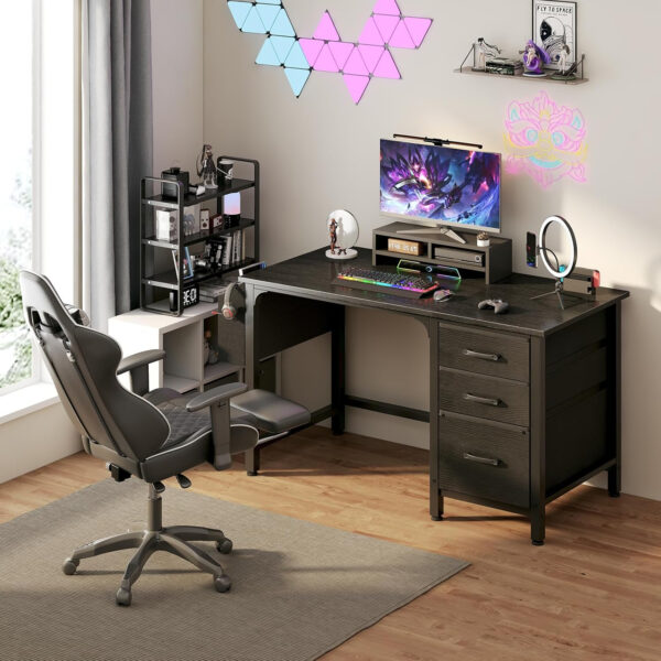 Lufeiya White Desk with Fabric File Drawers Cabinet, 47 Inch Reversible Computer Desk with Filing Cabinet for Bedroom Small Space Home Office, Modern Writing Table PC Desks, White