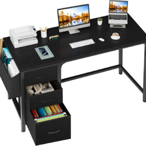 Lufeiya White Desk with Fabric File Drawers Cabinet, 47 Inch Reversible Computer Desk with Filing Cabinet for Bedroom Small Space Home Office, Modern Writing Table PC Desks, White
