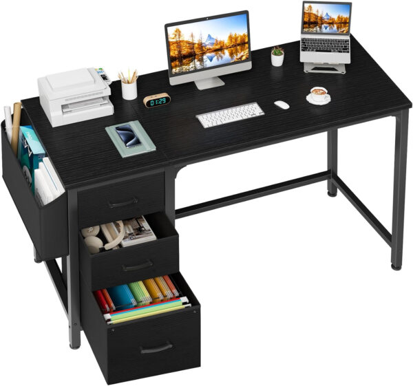 Lufeiya White Desk with Fabric File Drawers Cabinet, 47 Inch Reversible Computer Desk with Filing Cabinet for Bedroom Small Space Home Office, Modern Writing Table PC Desks, White