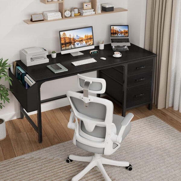 Lufeiya White Desk with Fabric File Drawers Cabinet, 47 Inch Reversible Computer Desk with Filing Cabinet for Bedroom Small Space Home Office, Modern Writing Table PC Desks, White