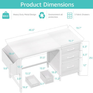 Lufeiya White Desk with Fabric File Drawers Cabinet, 47 Inch Reversible Computer Desk with Filing Cabinet for Bedroom Small Space Home Office, Modern Writing Table PC Desks, White