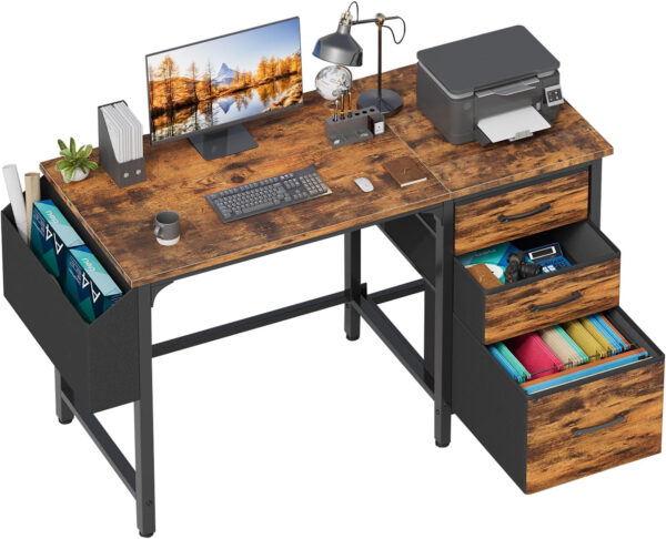Lufeiya White Desk with Fabric File Drawers Cabinet, 47 Inch Reversible Computer Desk with Filing Cabinet for Bedroom Small Space Home Office, Modern Writing Table PC Desks, White
