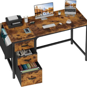 Lufeiya White Desk with Fabric File Drawers Cabinet, 47 Inch Reversible Computer Desk with Filing Cabinet for Bedroom Small Space Home Office, Modern Writing Table PC Desks, White