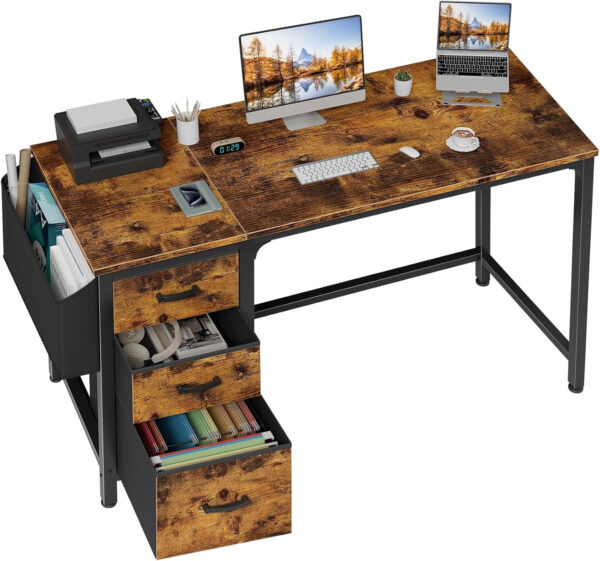 Lufeiya White Desk with Fabric File Drawers Cabinet, 47 Inch Reversible Computer Desk with Filing Cabinet for Bedroom Small Space Home Office, Modern Writing Table PC Desks, White