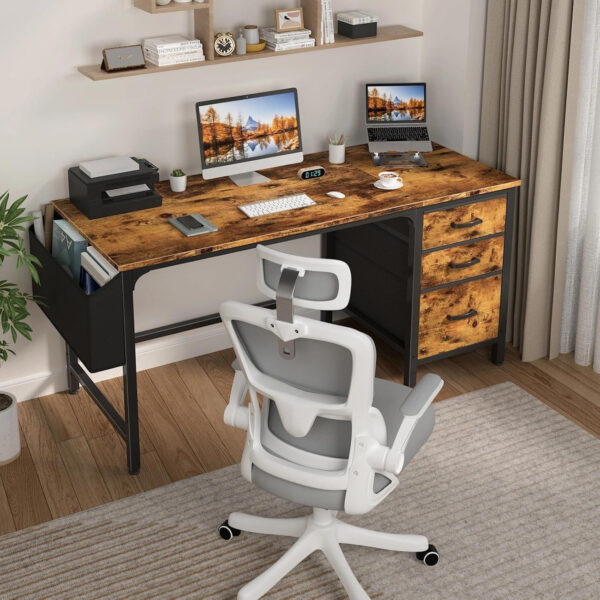 Lufeiya White Desk with Fabric File Drawers Cabinet, 47 Inch Reversible Computer Desk with Filing Cabinet for Bedroom Small Space Home Office, Modern Writing Table PC Desks, White