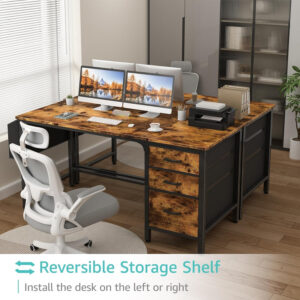 Lufeiya White Desk with Fabric File Drawers Cabinet, 47 Inch Reversible Computer Desk with Filing Cabinet for Bedroom Small Space Home Office, Modern Writing Table PC Desks, White