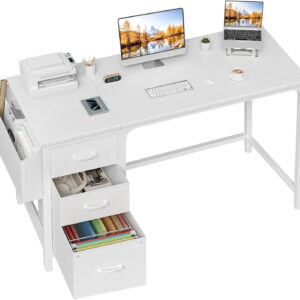 Lufeiya White Desk with Fabric File Drawers Cabinet, 47 Inch Reversible Computer Desk with Filing Cabinet for Bedroom Small Space Home Office, Modern Writing Table PC Desks, White