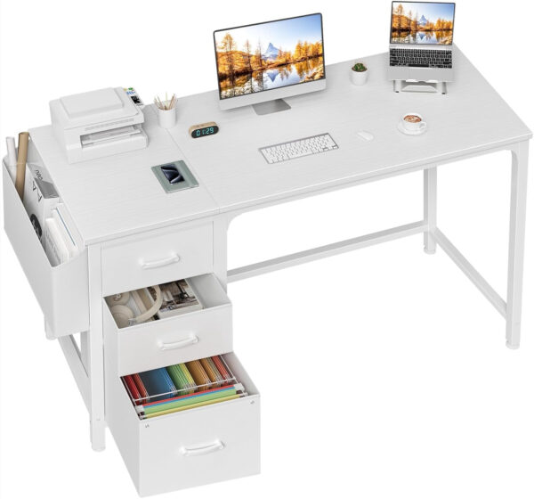 Lufeiya White Desk with Fabric File Drawers Cabinet, 47 Inch Reversible Computer Desk with Filing Cabinet for Bedroom Small Space Home Office, Modern Writing Table PC Desks, White