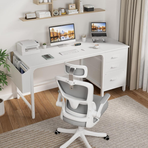 Lufeiya White Desk with Fabric File Drawers Cabinet, 47 Inch Reversible Computer Desk with Filing Cabinet for Bedroom Small Space Home Office, Modern Writing Table PC Desks, White