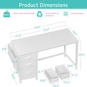 Lufeiya White Desk with Fabric File Drawers Cabinet, 47 Inch Reversible Computer Desk with Filing Cabinet for Bedroom Small Space Home Office, Modern Writing Table PC Desks, White