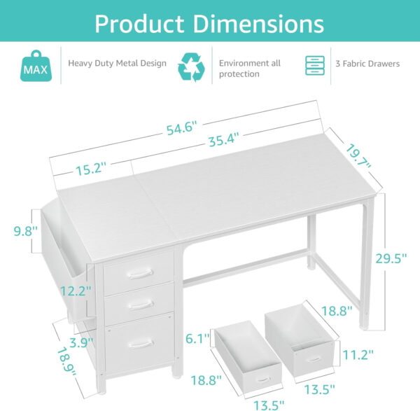 Lufeiya White Desk with Fabric File Drawers Cabinet, 47 Inch Reversible Computer Desk with Filing Cabinet for Bedroom Small Space Home Office, Modern Writing Table PC Desks, White
