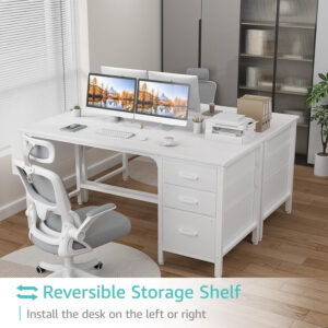 Lufeiya White Desk with Fabric File Drawers Cabinet, 47 Inch Reversible Computer Desk with Filing Cabinet for Bedroom Small Space Home Office, Modern Writing Table PC Desks, White