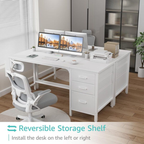 Lufeiya White Desk with Fabric File Drawers Cabinet, 47 Inch Reversible Computer Desk with Filing Cabinet for Bedroom Small Space Home Office, Modern Writing Table PC Desks, White