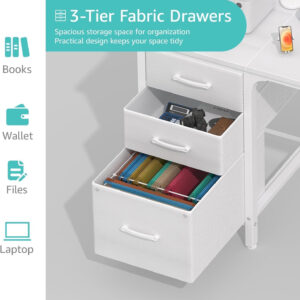 Lufeiya White Desk with Fabric File Drawers Cabinet, 47 Inch Reversible Computer Desk with Filing Cabinet for Bedroom Small Space Home Office, Modern Writing Table PC Desks, White