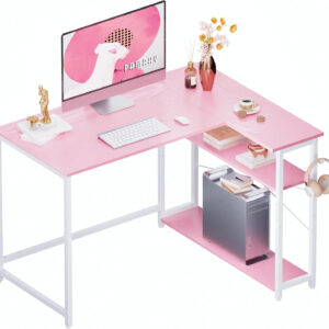 688731261394a2747da5140cbd91cadbebc3872be4e9310634d1e.jpg Pamray 43 Inch L Shaped Computer Desk with Reversible Side Storage Shelves, Small Corner Desk for Small Space Home Office,Writing Study Table PC Desk for Bedroom,Pink with White Leg