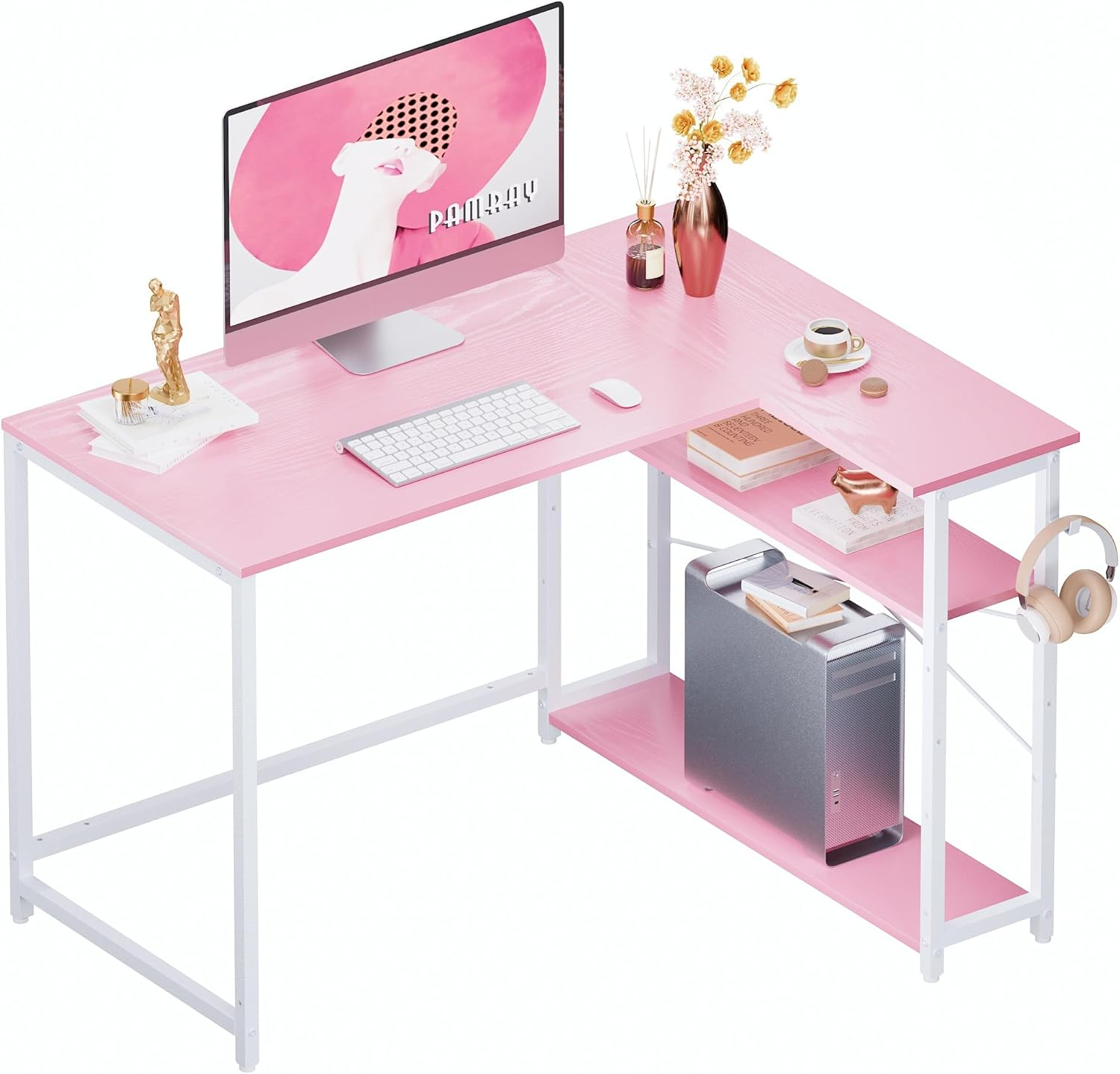 Pamray 43 Inch L Shaped Computer Desk with Reversible Side Storage Shelves, Small Corner Desk for Small Space Home Office,Writing Study Table PC Desk for Bedroom,Pink with White Leg