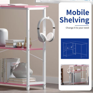 688731299f89e7567ca16ebc22ce50d80f332f659b136386d70f4.jpg Pamray 43 Inch L Shaped Computer Desk with Reversible Side Storage Shelves, Small Corner Desk for Small Space Home Office,Writing Study Table PC Desk for Bedroom,Pink with White Leg