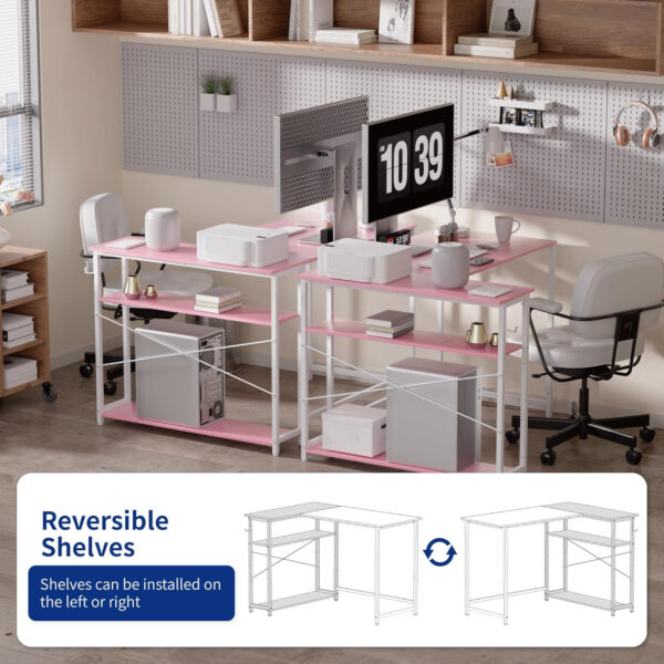 6887312ad6cbf6abcab273def5da1bd52403d808a1f03ace76163.jpg Pamray 43 Inch L Shaped Computer Desk with Reversible Side Storage Shelves, Small Corner Desk for Small Space Home Office,Writing Study Table PC Desk for Bedroom,Pink with White Leg
