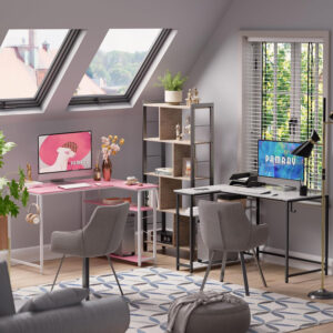 6887312c1bc5179f9fb7d34dee1a63ef5ce977592b64565f83a7d.jpg Pamray 43 Inch L Shaped Computer Desk with Reversible Side Storage Shelves, Small Corner Desk for Small Space Home Office,Writing Study Table PC Desk for Bedroom,Pink with White Leg