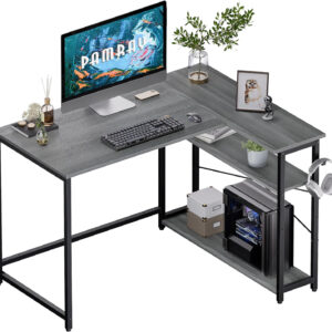 6887312d0b9ac1e08a17f5953b24cc76eed71f511fb7a4bab8a40.jpg Pamray 43 Inch L Shaped Computer Desk with Reversible Side Storage Shelves, Small Corner Desk for Small Space Home Office,Writing Study Table PC Desk for Bedroom,Pink with White Leg