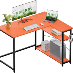 688731348688fc8ff0d5f8de8e5b5c82cdad7270afbc7f5713b55.jpg Pamray 43 Inch L Shaped Computer Desk with Reversible Side Storage Shelves, Small Corner Desk for Small Space Home Office,Writing Study Table PC Desk for Bedroom,Pink with White Leg