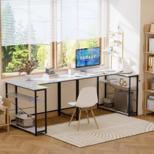 6887313837fa792262731e02844f19e84fc4965944b5b87057b73.jpg Pamray 43 Inch L Shaped Computer Desk with Reversible Side Storage Shelves, Small Corner Desk for Small Space Home Office,Writing Study Table PC Desk for Bedroom,Pink with White Leg