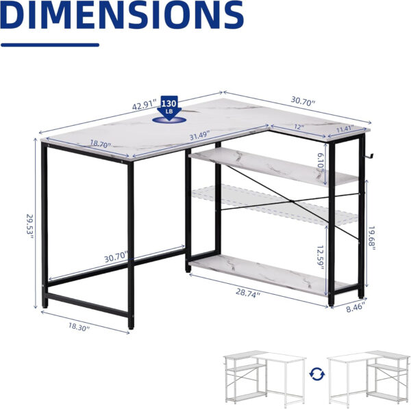 688731396f94a42dc69243431beebd6ab2f05838edb8271633473.jpg Pamray 43 Inch L Shaped Computer Desk with Reversible Side Storage Shelves, Small Corner Desk for Small Space Home Office,Writing Study Table PC Desk for Bedroom,Pink with White Leg