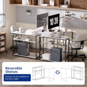 6887313bdf2636c809994fb1176649eb44a27d2348a40913129e4.jpg Pamray 43 Inch L Shaped Computer Desk with Reversible Side Storage Shelves, Small Corner Desk for Small Space Home Office,Writing Study Table PC Desk for Bedroom,Pink with White Leg