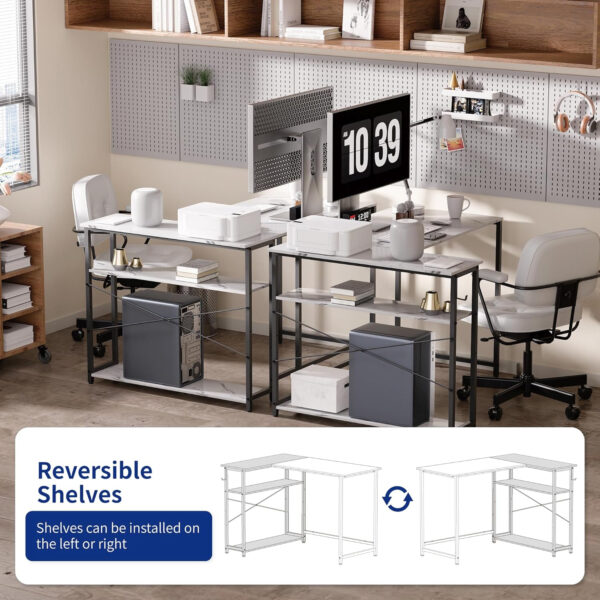 6887313bdf2636c809994fb1176649eb44a27d2348a40913129e4.jpg Pamray 43 Inch L Shaped Computer Desk with Reversible Side Storage Shelves, Small Corner Desk for Small Space Home Office,Writing Study Table PC Desk for Bedroom,Pink with White Leg