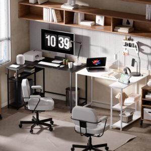 6887313fa165d402cf1041deae7aa5524415e3105cb18396d7e2b.jpg Pamray 43 Inch L Shaped Computer Desk with Reversible Side Storage Shelves, Small Corner Desk for Small Space Home Office,Writing Study Table PC Desk for Bedroom,Pink with White Leg