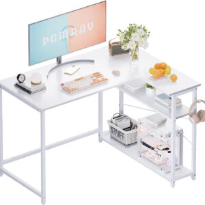 68873140d6d3989cfac4f93872b5d8fbdef06c866f6ef146a3580.jpg Pamray 43 Inch L Shaped Computer Desk with Reversible Side Storage Shelves, Small Corner Desk for Small Space Home Office,Writing Study Table PC Desk for Bedroom,Pink with White Leg