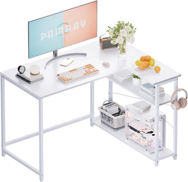 68873140d6d3989cfac4f93872b5d8fbdef06c866f6ef146a3580.jpg Pamray 43 Inch L Shaped Computer Desk with Reversible Side Storage Shelves, Small Corner Desk for Small Space Home Office,Writing Study Table PC Desk for Bedroom,Pink with White Leg