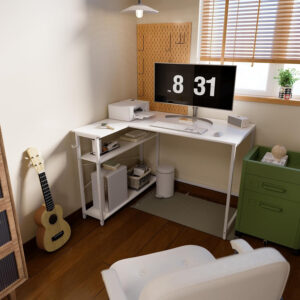 688731421d81aefe7ddbe92103770b48366dfd73be042eddd44b3.jpg Pamray 43 Inch L Shaped Computer Desk with Reversible Side Storage Shelves, Small Corner Desk for Small Space Home Office,Writing Study Table PC Desk for Bedroom,Pink with White Leg